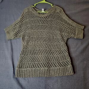 Chico's Olive‎ Green Open Knit Crochet Chunky Knit Short Sleeve Sweater Size L